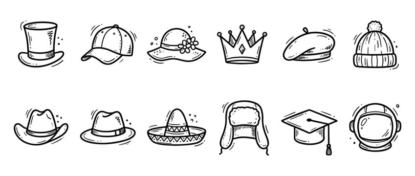 Diverse set of twelve hand-drawn hat and headwear icons presented in a simple black outline sketch style, including a top hat, baseball cap, crown, sombrero, and ushanka