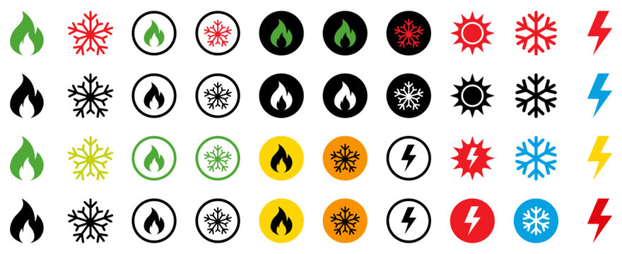 weather icons set featuring fire snowflake sun lightning energy symbols in multiple styles and colors for ui, app, dashboard, temperature, heat, cold, climate and power related designs