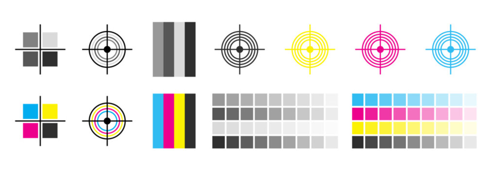 CMYK Color Registration Marks and Calibration Swatches with Grayscale Chart for Professional Printing Quality Control