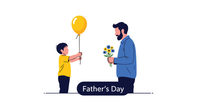 Heartwarming scene for Father's Day where a young son gives a yellow balloon and flowers to his bearded dad on a white background.
