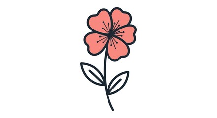 Obraz premium Simple illustration of a pink flower with stem and leaves against white