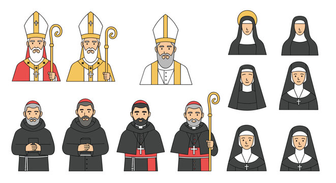 Collection of Catholic Church religious figures including popes, bishops, nuns, and monks shown in traditional ecclesiastical clothing.