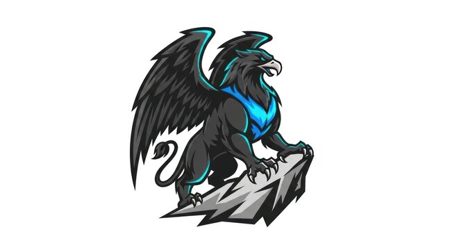 Stylized griffin illustration with outstretched wings perched on rock formation