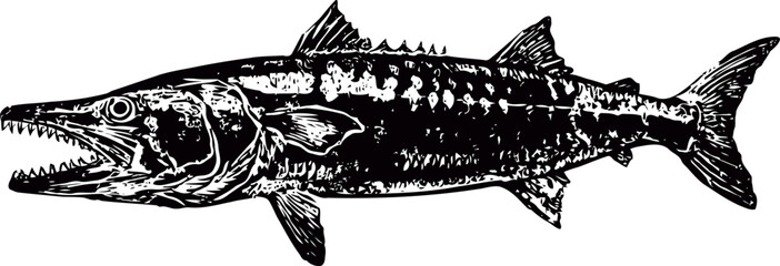 Obraz premium Detailed black and white illustration of a barracuda fish with sharp teeth and textured scales