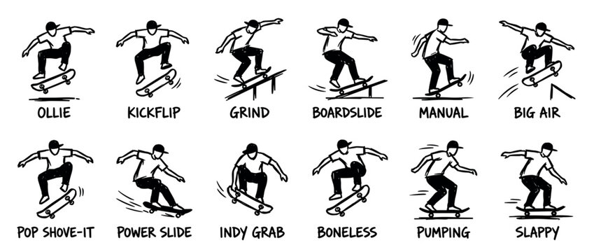Set of twelve black and white skateboarding trick icons with handwritten names, featuring a skater performing various stunts in a minimalist hand-drawn sketch style