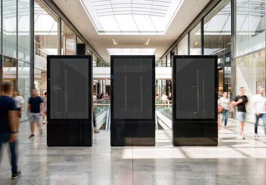 Three vertical billboards in bright modern shopping center Mockup. Generative ai