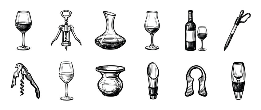Collection of hand-drawn wine glasses, bottles, and various accessories are depicted in a detailed, classic sketch style, conveying an elegant and sophisticated ambiance