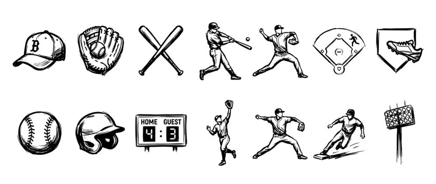 Set of hand-drawn baseball icons featuring players, equipment, and game elements in a black and white sketch style, including a batter, pitcher, glove, bat, and ball