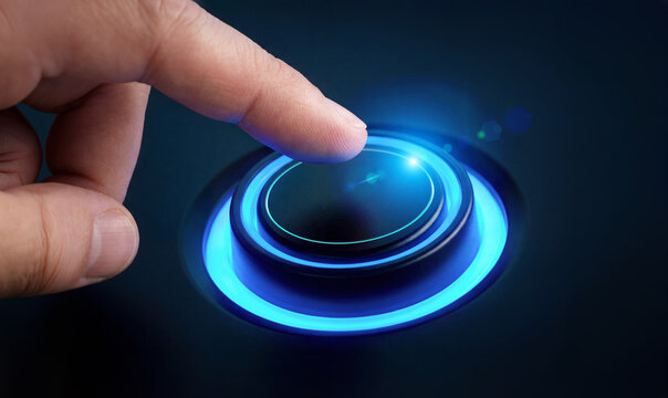 Man finger pushing a glowing blue circular button on black plastic surface. Generative ai