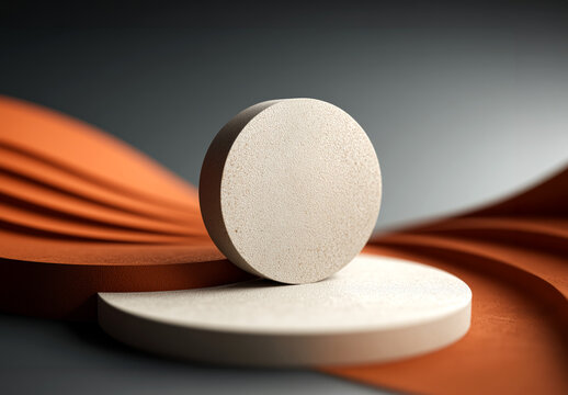 Ceramic display circular concrete plate on orange and brown surfaces. Generative ai