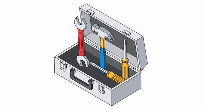 Isometric Illustration of an Open Metal Toolbox with Hand Tools Including Hammer, Wrench, and Screwdrivers Isolated on White Background