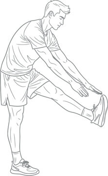 Young man in athletic attire performing a standing hamstring stretch, focusing on flexibility and fitness, illustrating warm-up exercises for a healthy lifestyle and proper sports training.