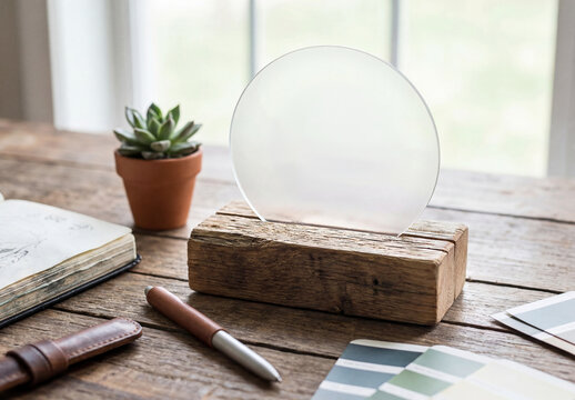 Platic and wood display stand on a desktop in bright interior lighted by a window for a logo Mockup. Generative ai