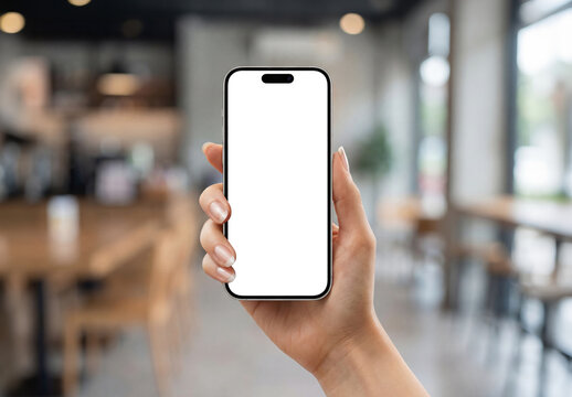 Woman&rsquo;s hand holding modern smartphone Mockup on blurred background. Generative ai