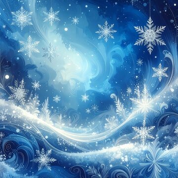 Snowflakes fall amidst blue, swirling wintery sky and frosted edges, creating a serene, icy landscape