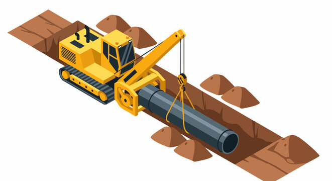 Isometric Sideboom Pipe Layer Machine Installing Pipeline in a Trench Illustration
