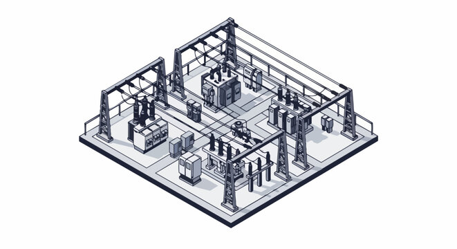 Isometric Line Art Illustration of an Electrical Substation and Power Distribution Infrastructure with Transformers and High Voltage Equipment