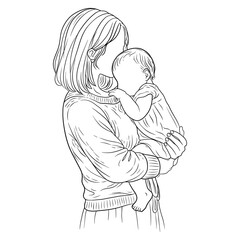 Obraz premium Hand Drawn Mother and Baby Face to Face Line Art Illustration