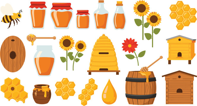 Honey Production Elements Set Including Beehive, Bees, Honey Jars, Honeycomb, Flowers, and Beekeeping Tools for Organic Food, Agriculture, and Natural Products Design.