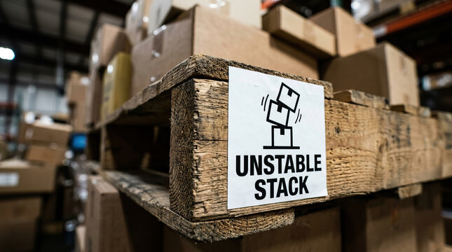 Unstable stack pallet box stack warehouse pallet cardboard box safety sign logistics freight storage Unstable stack warning label wooden pallet box stack inside warehouse, cardboard box cargo