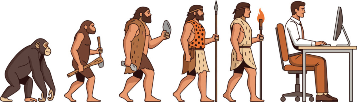 Human Evolution Concept Illustration from Ape to Modern Office Worker Using Computer Showing Technological Progress, Cultural Development, and Digital Era Transformation.