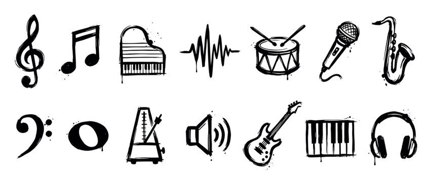 Collection of hand-drawn music icons in a black grunge ink splatter style, featuring a piano, guitar, drums, saxophone, microphone, notes, and other musical symbols in a set