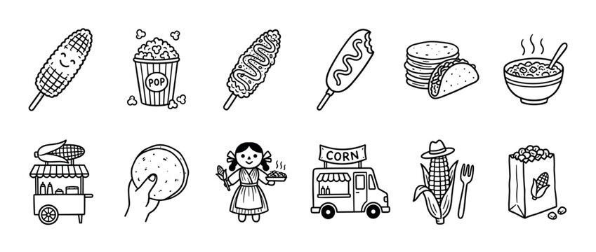 Set of hand-drawn corn street food icons in a cute doodle style, featuring elote, popcorn, tacos, a food truck, and other traditional snacks for a festival theme