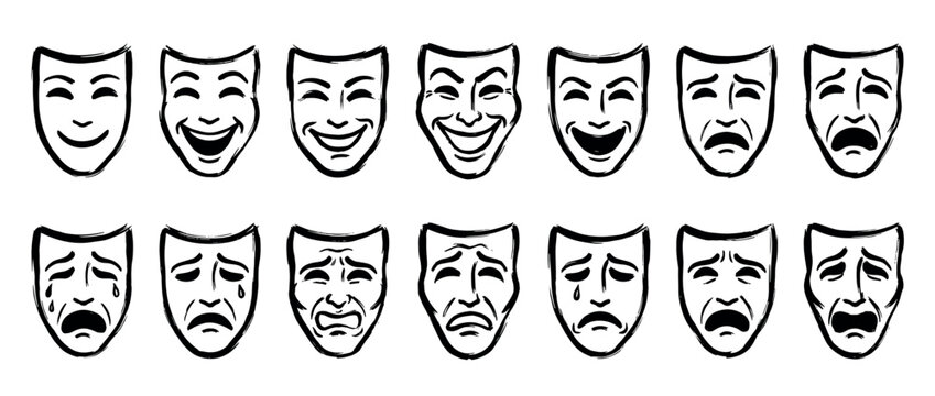 Set of black theatrical masks showing a range of human emotions from happy comedy to sad tragedy, depicted in a simple hand-drawn brush stroke ink sketch illustration style