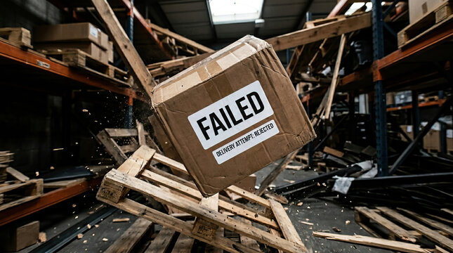 Failed delivery package cardboard box warehouse pallet crash damage logistics, cardboard package box flying during warehouse pallet crash, damaged shipping cargo logistics storage with dust