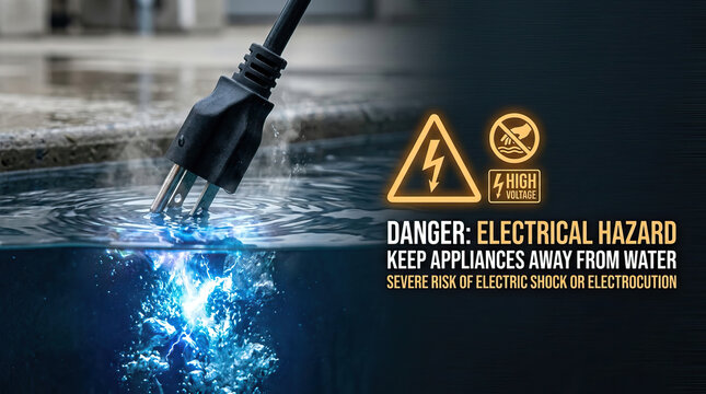 Electric plug electrical hazard electric shock water safety warning high voltage electrocution. Power cord touching water with sparks and ripples, danger concept for household appliance safety