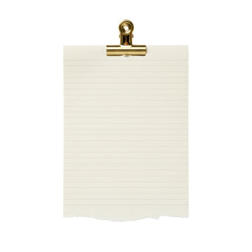 Cream stationery sheet with grey lines and rough torn bottom edge held by a reflective gold metal binder clip against a transparent background minimalist vibe