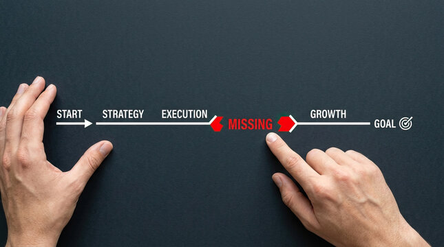 Business hands presenting strategy execution missing growth goal roadmap process Complete business roadmap concept with hands presenting strategy and execution gap marked missing, leading toward