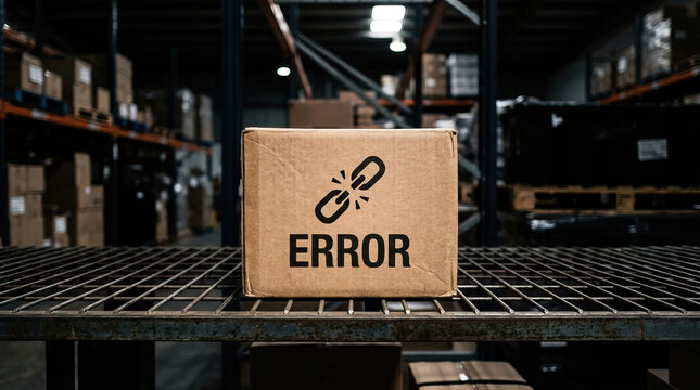 Warehouse shelf box package error broken barcode logistics Cardboard box warehouse shelf, error and broken link icon printed package, barcode label visible, logistics storage concept