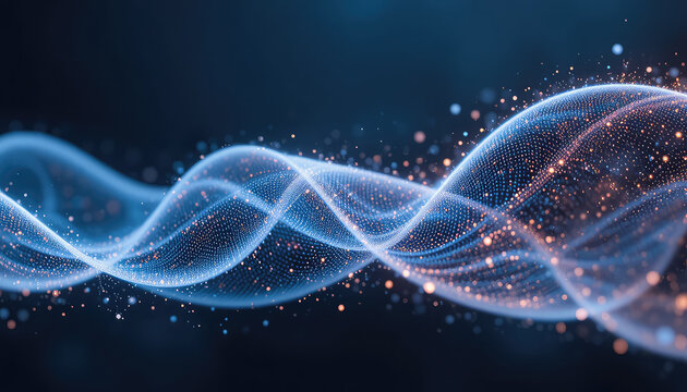 Flowing particle wave abstract representing machine learning data processing, smooth gradient lighting, modern minimal tech design, clean copy space, 8K resolution.