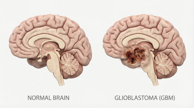 3D Medical Illustration of Brain Glioblastoma Tumor Versus Normal Brain