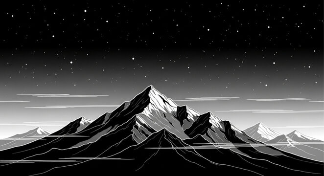 Monochrome Majestic Mountain Peak With Snow Covered Summit.