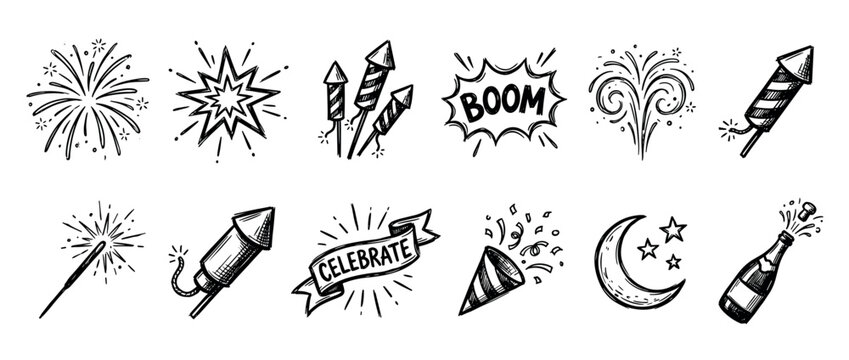 Hand drawn collection of festive celebration icons features fireworks, sparklers, rockets, a party popper, champagne, and a 'celebrate' banner in a doodle style
