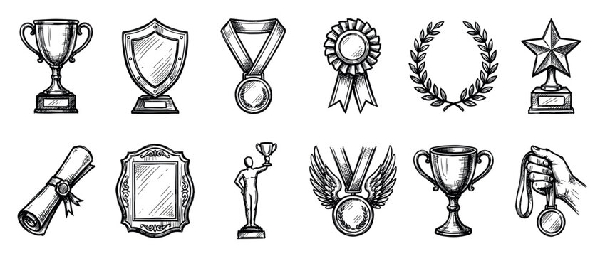 Set of hand-drawn award icons and achievement symbols including trophies, medals, a shield, and a laurel wreath, illustrated in a vintage black and white sketch style