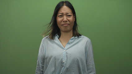 Obraz premium Woman grimacing with face scrunched, light blue shirt visible while standing against a green studio wall; disgust.