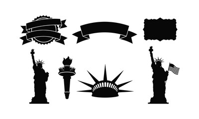 American icons vector silhouette illustration statue liberty torch ribbon frame elements. © MDRAYHAN