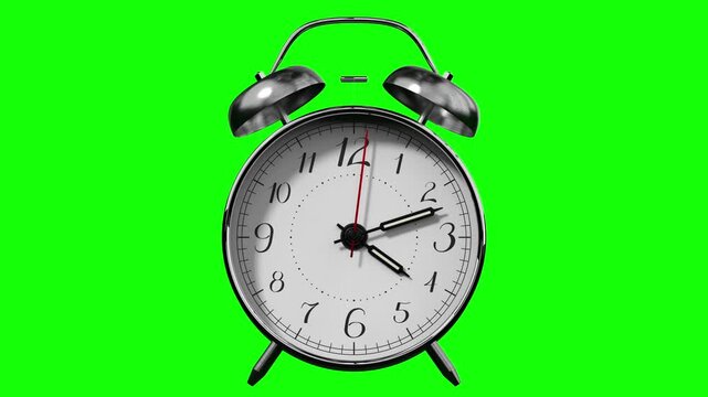 Retro Twin Bell Alarm Clock Showing Five o Clock - 3d 4k animation (3840 x 2160 px)