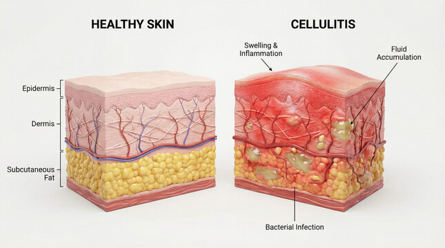 3D Cross-Section of Healthy Skin and Bacterial Cellulitis Infection