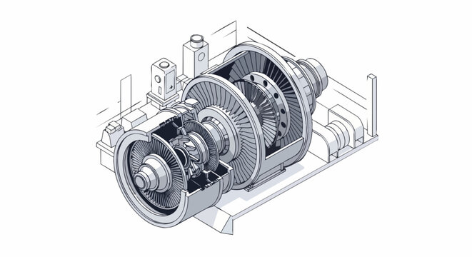 Technical Isometric Cutaway Illustration of a Jet Turbine Engine - Detailed Mechanical Engineering Drawing