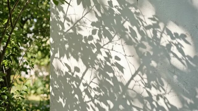 Natural tree leaf shadows falling across a white wall, delicate branch silhouettes, soft summer sunlight and airy abstract depth, calm organic atmosphere, ultra-realistic, no logos.