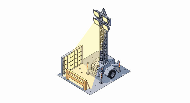 Isometric Mobile Light Tower Trailer Illustration for Construction Site Night Work and Infrastructure Projects