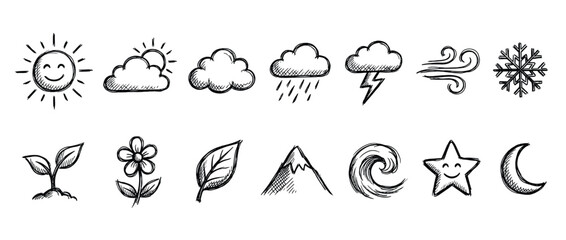 Obraz premium Hand-drawn set of black doodle icons representing various weather conditions and nature elements like sun, cloud, rain, storm, wind, snow, plant, flower, leaf, mountain, wave, star, and moon