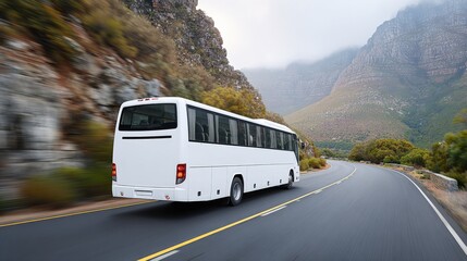 Obraz premium White coach navigating curved mountain road beside rocky cliffs