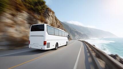 Obraz premium White coach bus driving along coastal cliff highway