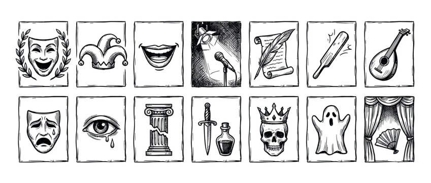 Set of hand-drawn theatre icons representing comedy and tragedy with various performance symbols in a detailed black and white sketch style with a vintage engraving aesthetic