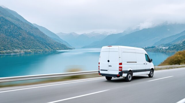 White cargo van driving along lakeside mountain highway